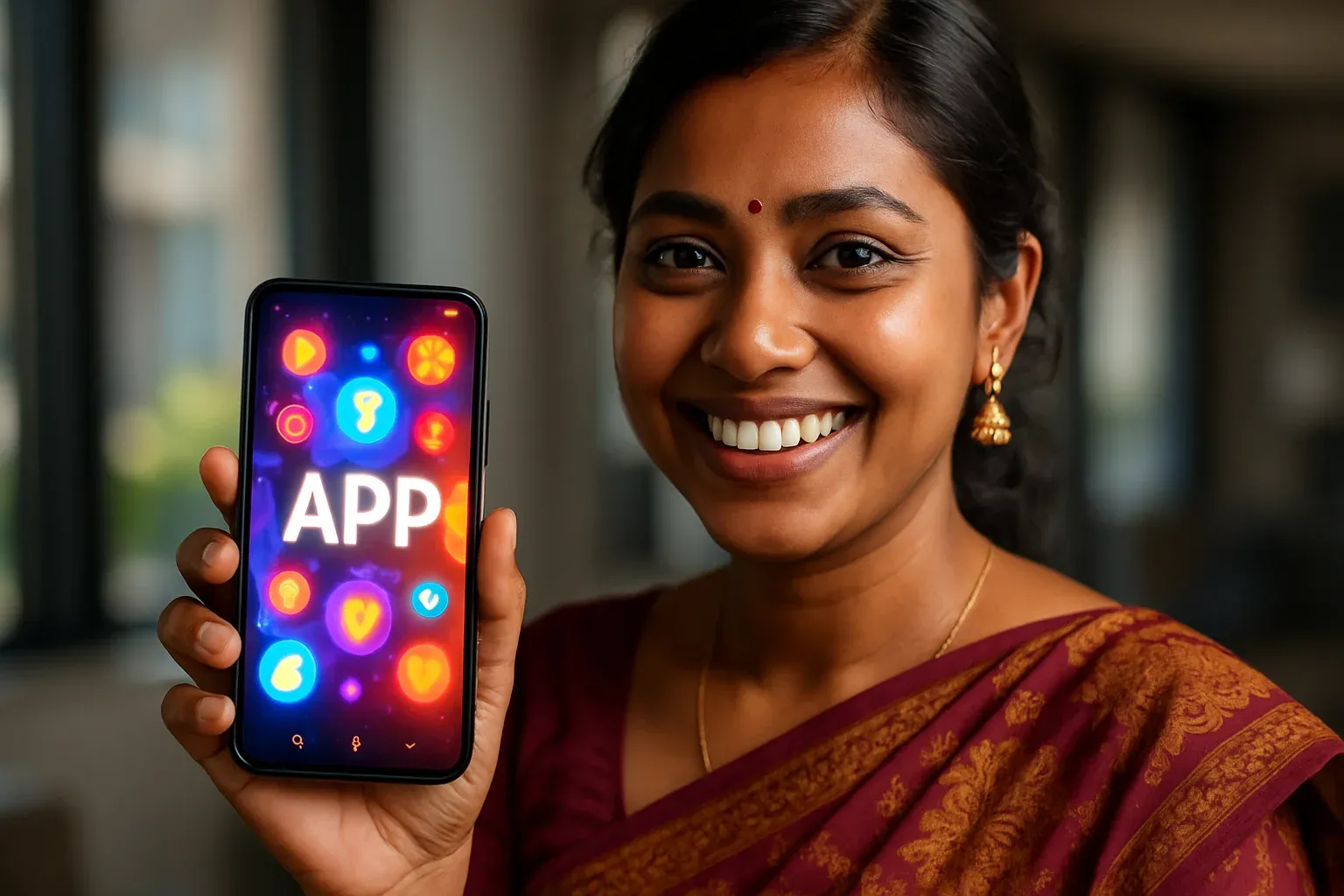 Cheerful Bangladeshi woman holding glowing smartphone showing bold APP text