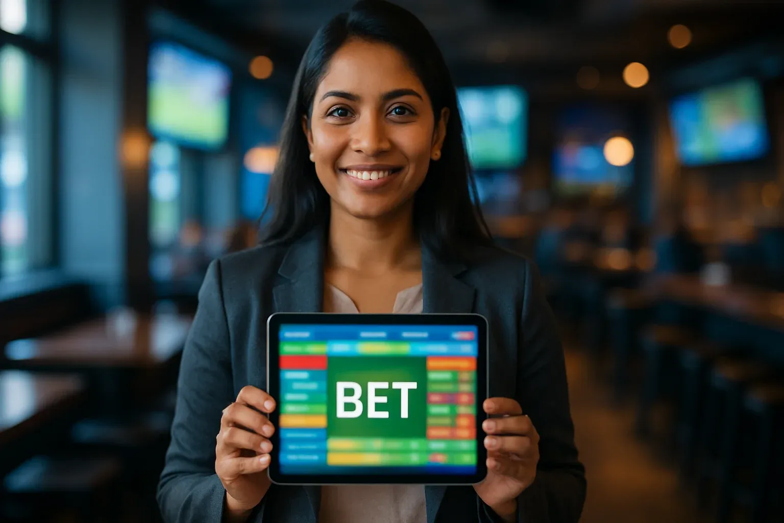 Bangladeshi woman holding tablet showing bold BET sports betting dashboard