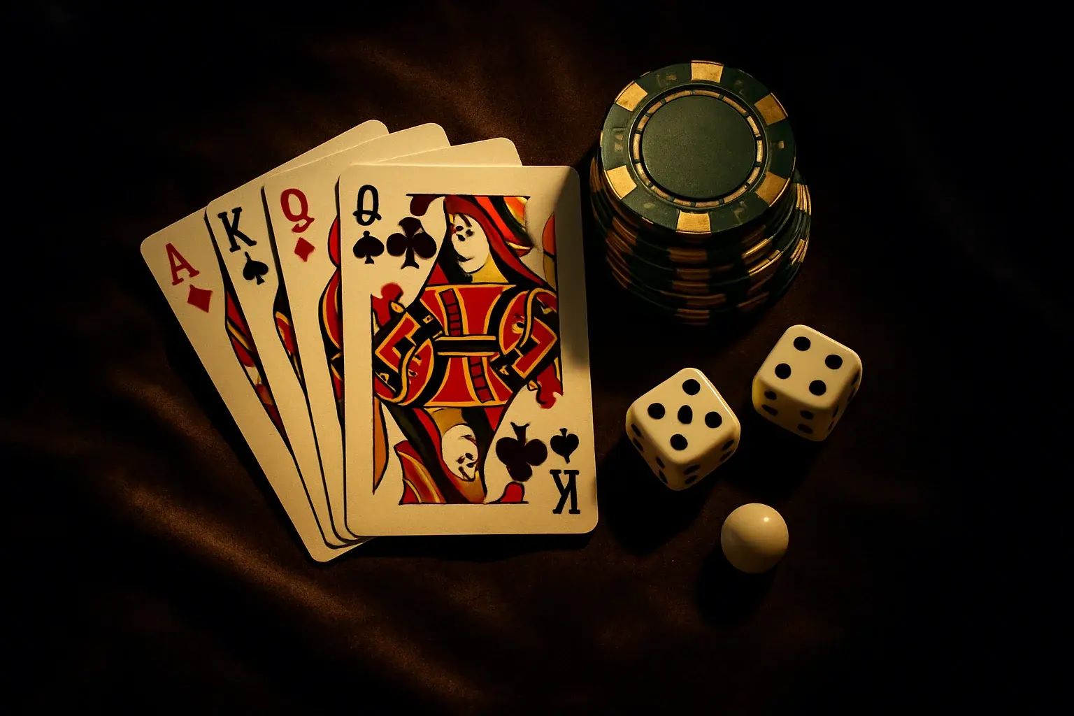 Top-down flat-lay of playing cards, casino chips, dice, and roulette ball