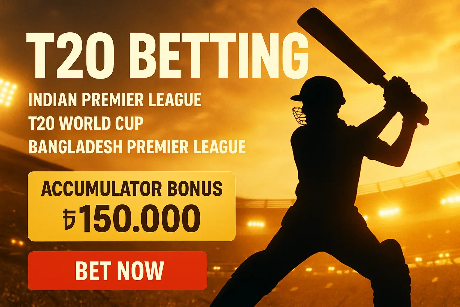 T20 cricket betting banner with batsman silhouette and Bangladeshi bonus offer