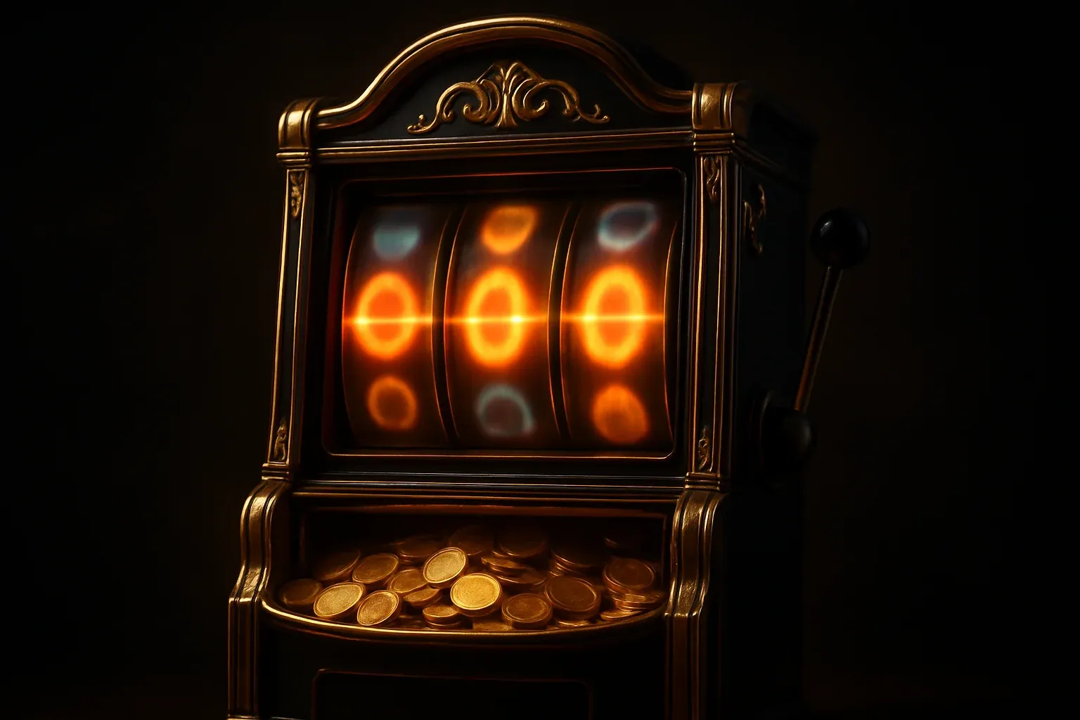 Ultra-realistic ornate slot machine with spinning reels and golden coins